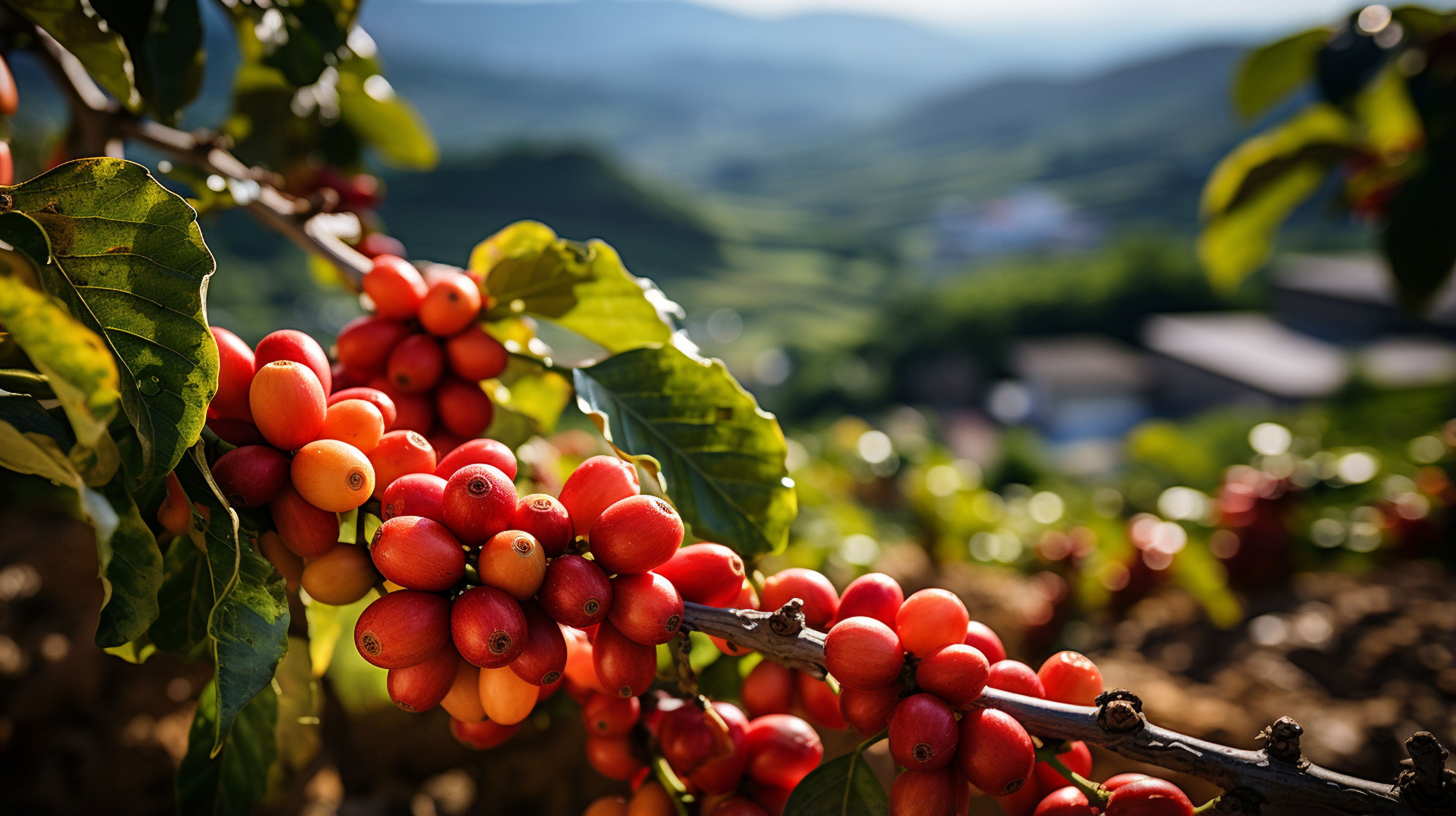 Red Coffee Bean Closeup over Valley