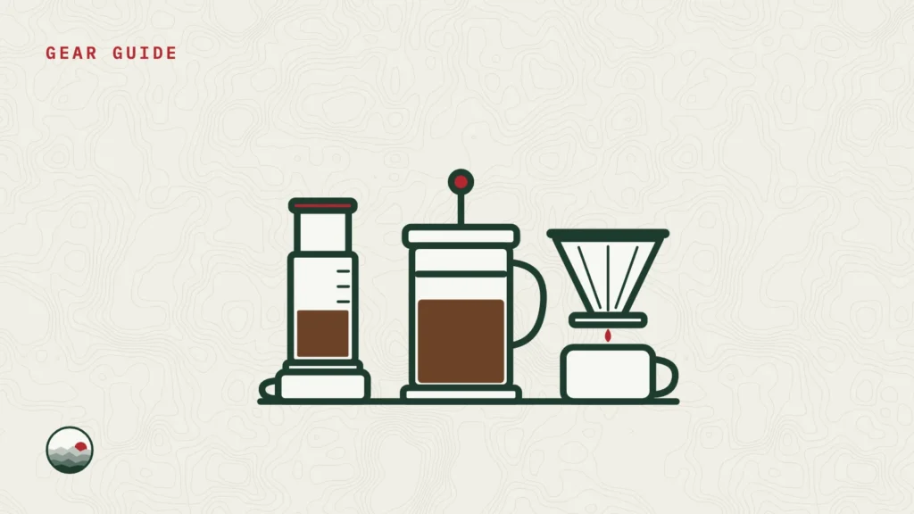 Illustration of an AeroPress, a French press and a pour-over dripper side by side