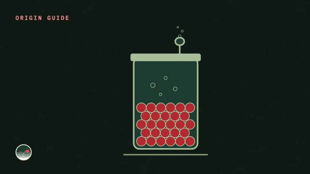 Illustration of a sealed fermentation tank full of coffee cherries with a valve releasing bubbles