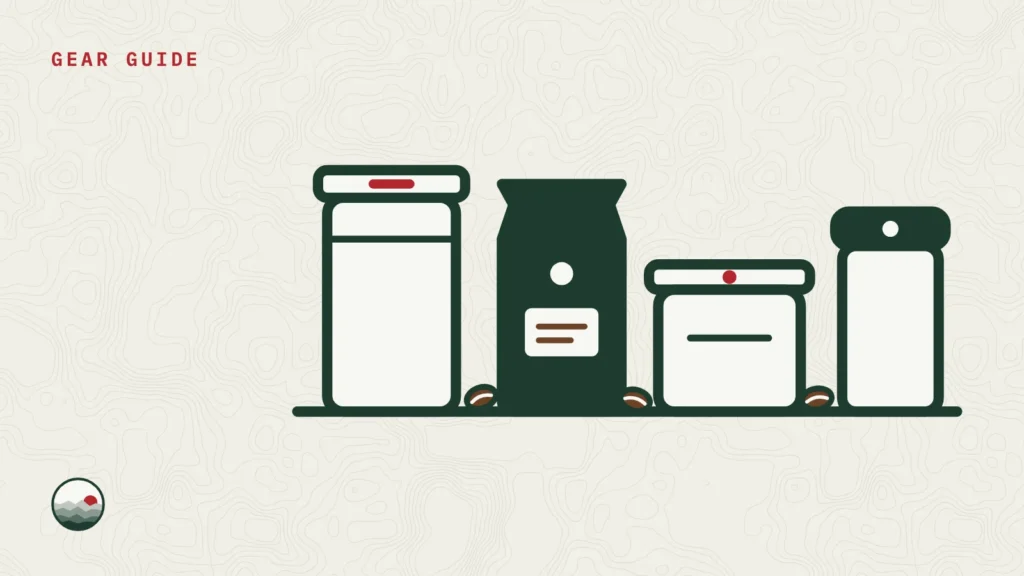Illustration of three coffee canisters and a bag of coffee beans on a kitchen counter