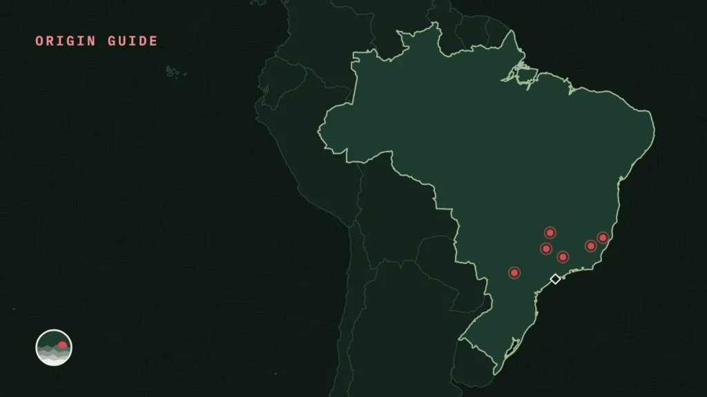 Map of Brazil with its main coffee regions marked in the southeast