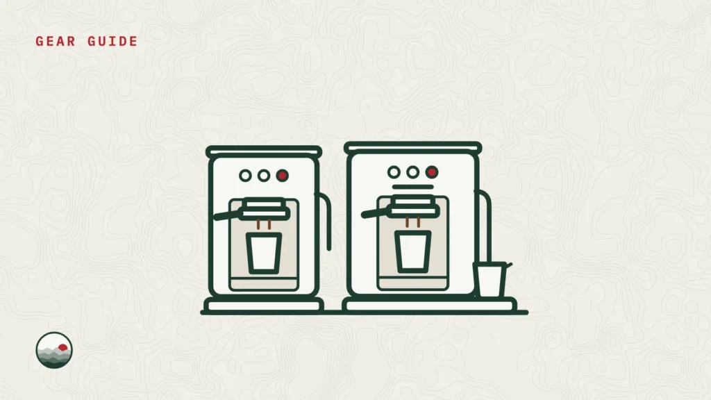 Illustration of two small espresso machines side by side, the larger one with a milk jug on its drip tray