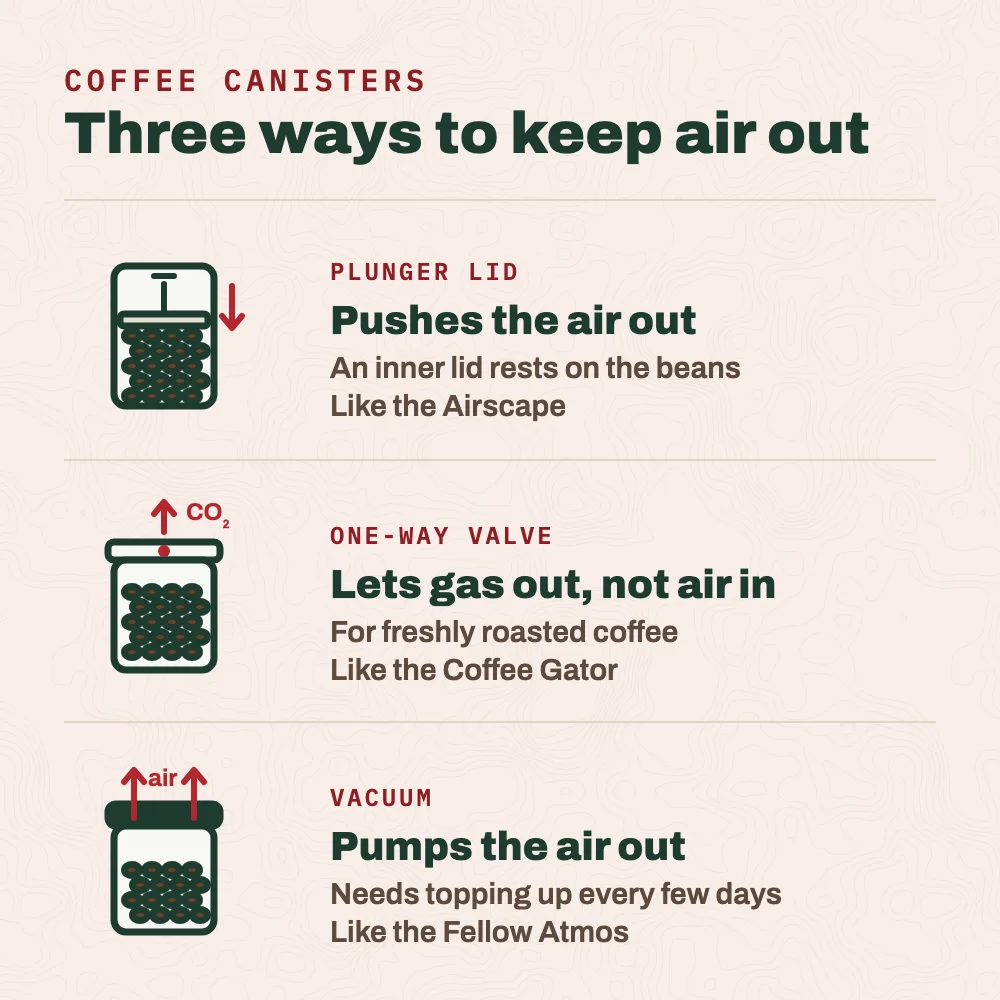 Three ways a coffee canister keeps air out. Plunger lid, like the Airscape: you press an inner lid down onto the beans and it pushes the air out. Valve, like the Coffee Gator: a one-way valve lets fresh coffee's gas out without letting air in. Vacuum, like the Fellow Atmos: the lid pumps the air out.