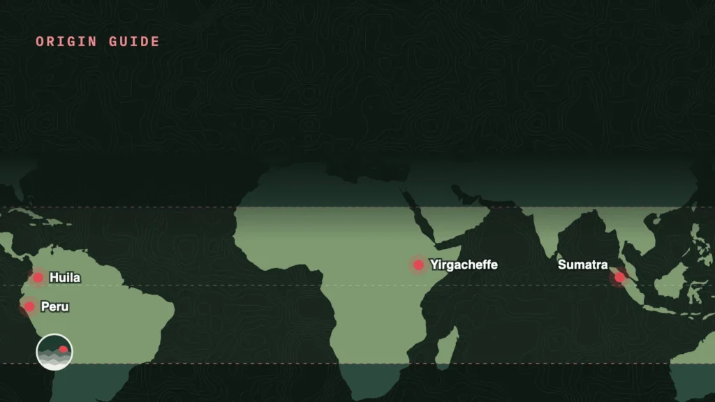 Map of the coffee belt with growing areas marked