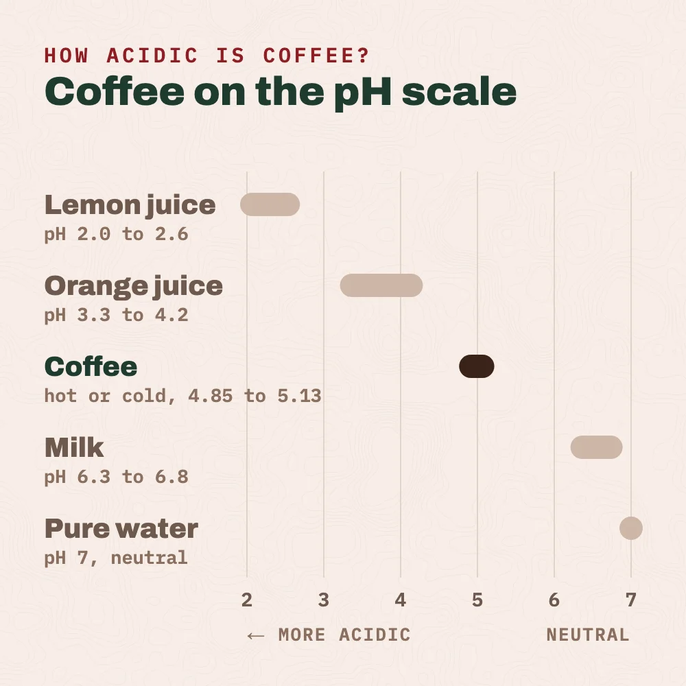 Coffee on the pH scale: lemon juice is about pH 2.0 to 2.6, orange juice 3.3 to 4.2, brewed coffee hot or cold 4.85 to 5.13, milk about 6.3 to 6.8, and pure water is neutral at 7.