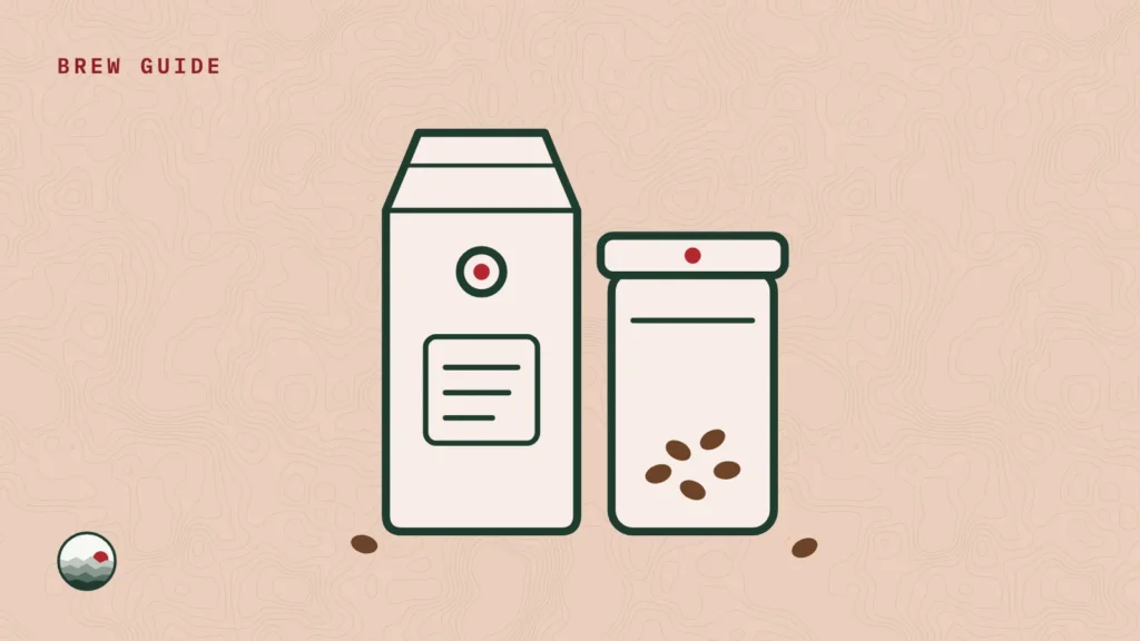 Illustration of a coffee bag with a one-way valve beside an airtight canister