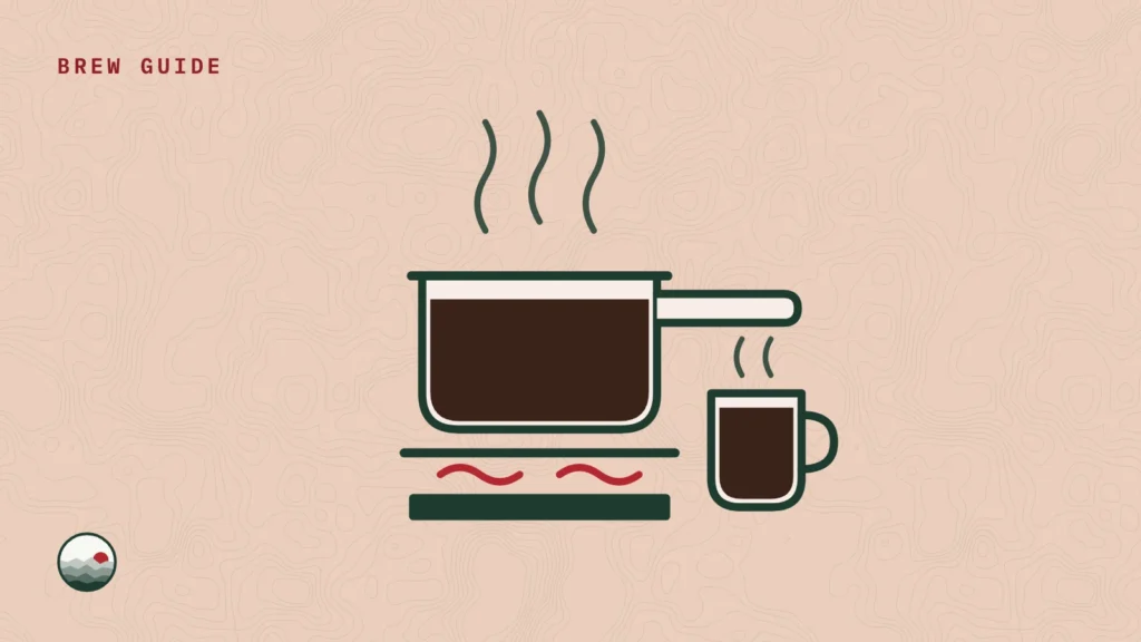 Illustration of a saucepan of coffee on a stovetop burner beside a mug