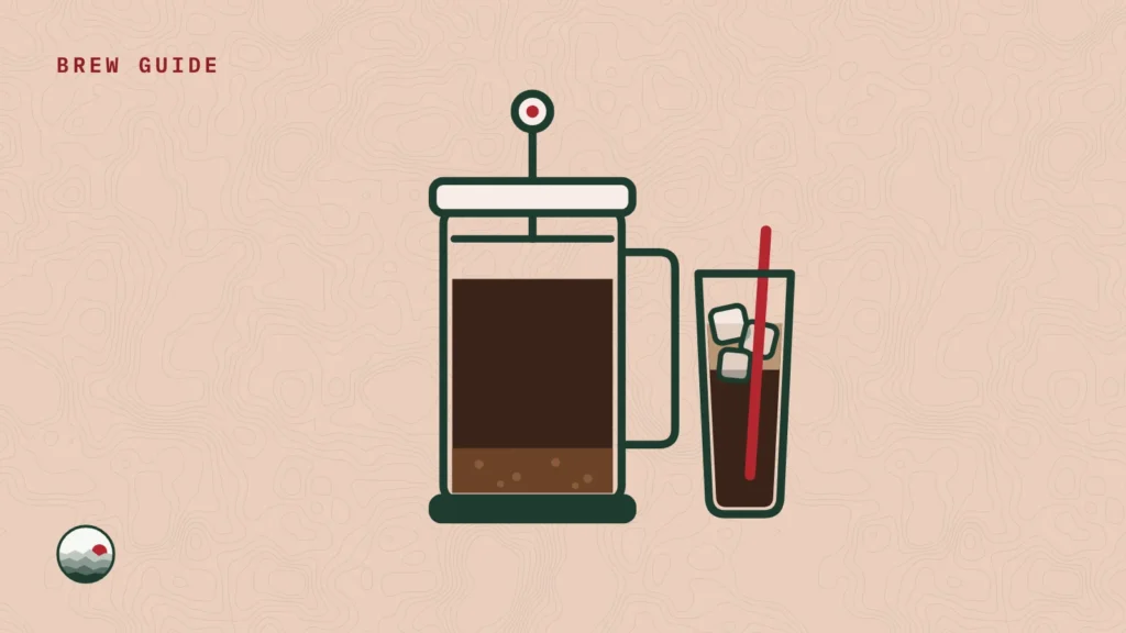 Illustration of a French press of cold brew beside a tall glass of iced coffee