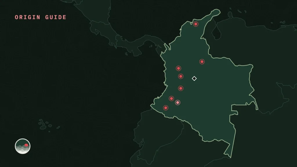 Map of Colombia with its main coffee regions marked
