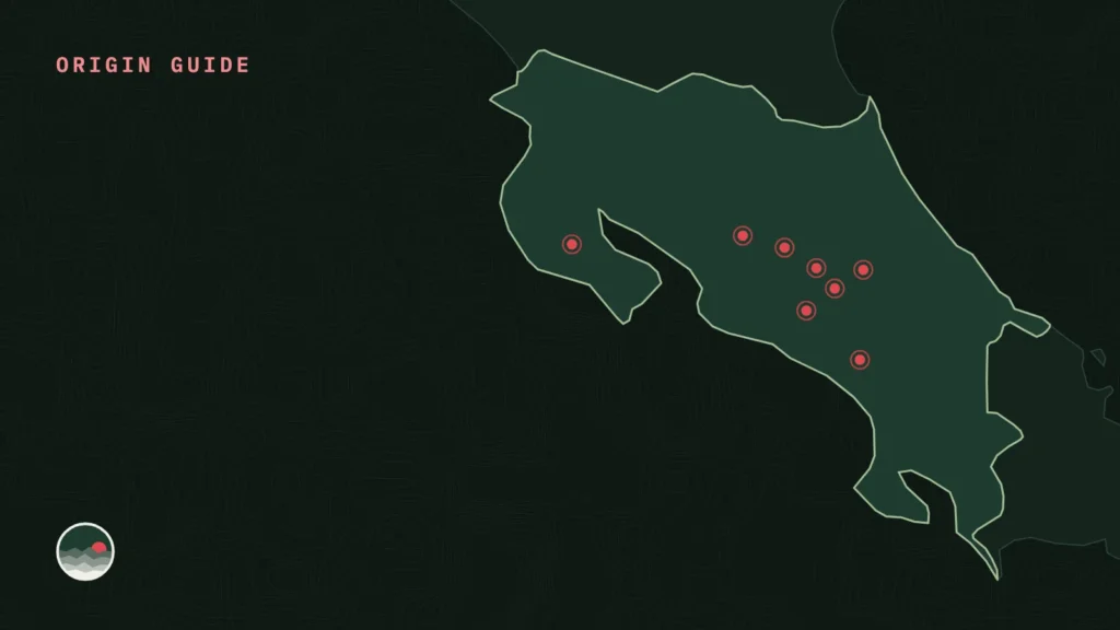 Map of Costa Rica with its eight coffee regions marked