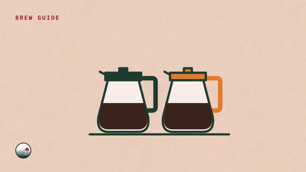Illustration of two glass coffee pots, one with a dark lid and handle and one with the orange lid and handle often used for decaf