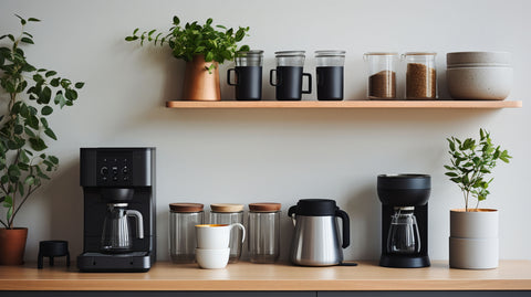 Drip coffee makers and kettles on a kitchen shelf