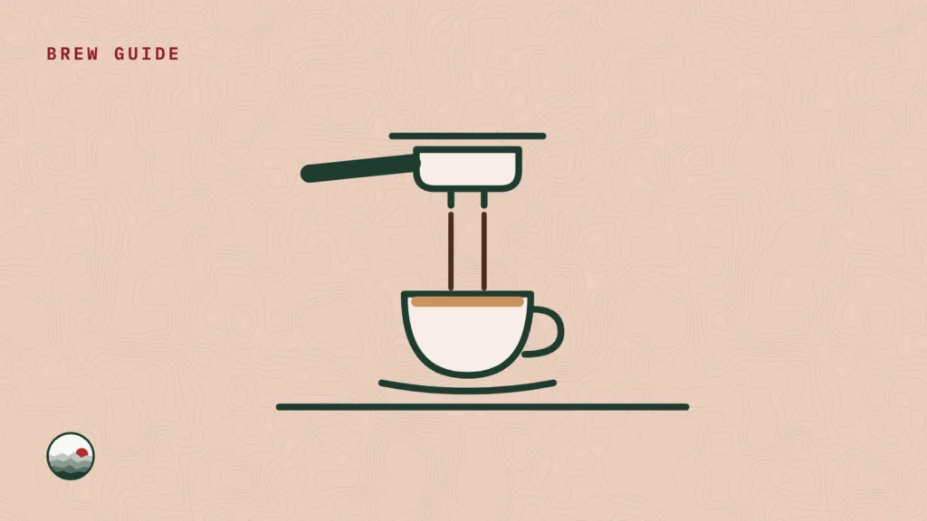 Illustration of an espresso portafilter pouring two streams into a small cup on a saucer