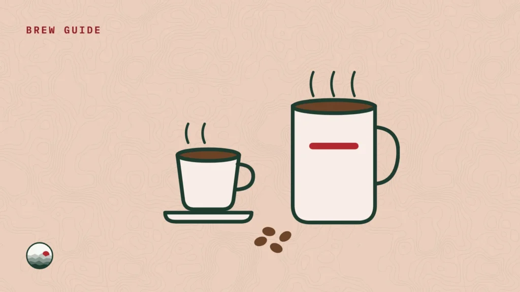 Illustration of an espresso cup beside a mug of coffee, with coffee beans between them