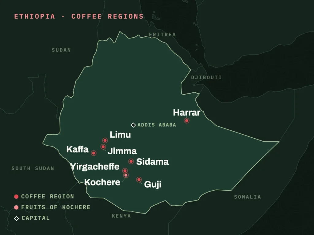 Map of Ethiopia with the coffee regions of Yirgacheffe, Kochere, Sidama, Guji, Harrar, Limu, Jimma and Kaffa marked