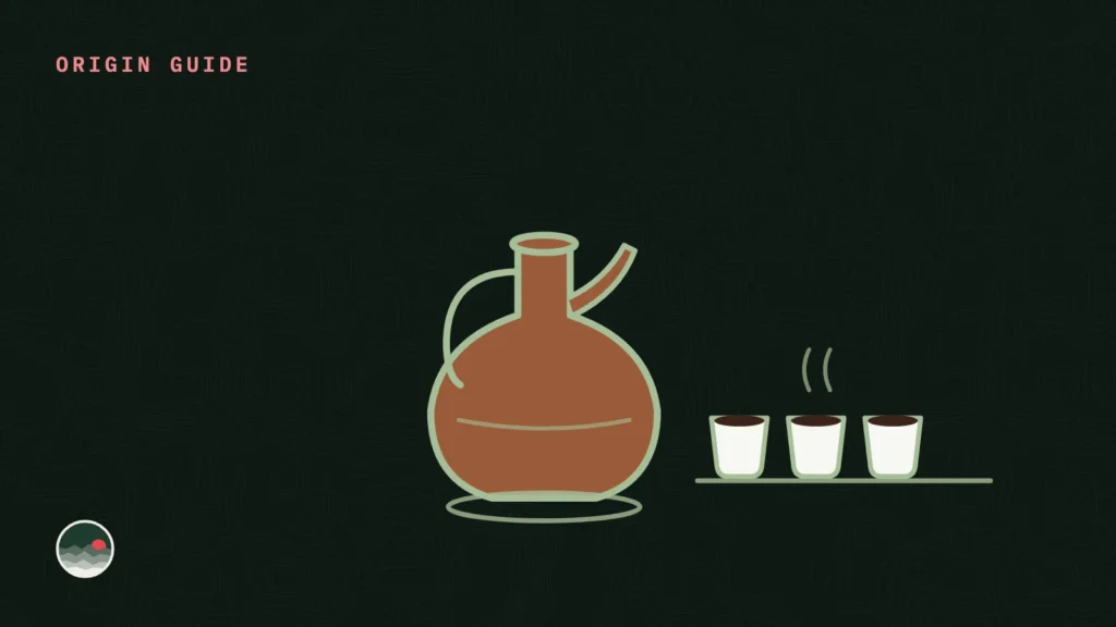Illustration of a clay jebena coffee pot beside three small coffee cups