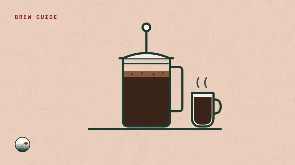 Illustration of a French press full of coffee beside a mug
