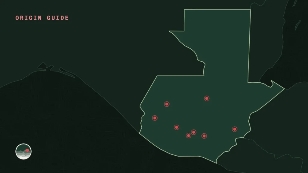 Map of Guatemala with its eight coffee regions marked
