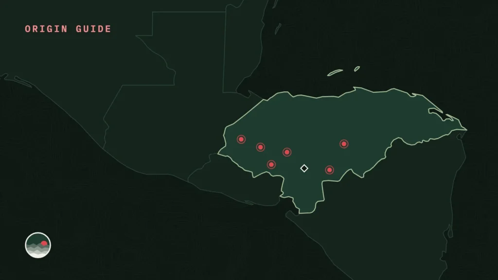 Map of Honduras with its six coffee regions marked