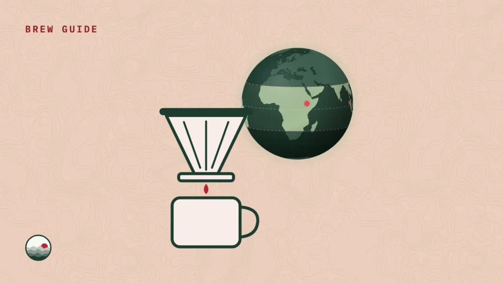 A pour-over dripper beside a globe marking Yirgacheffe, Ethiopia
