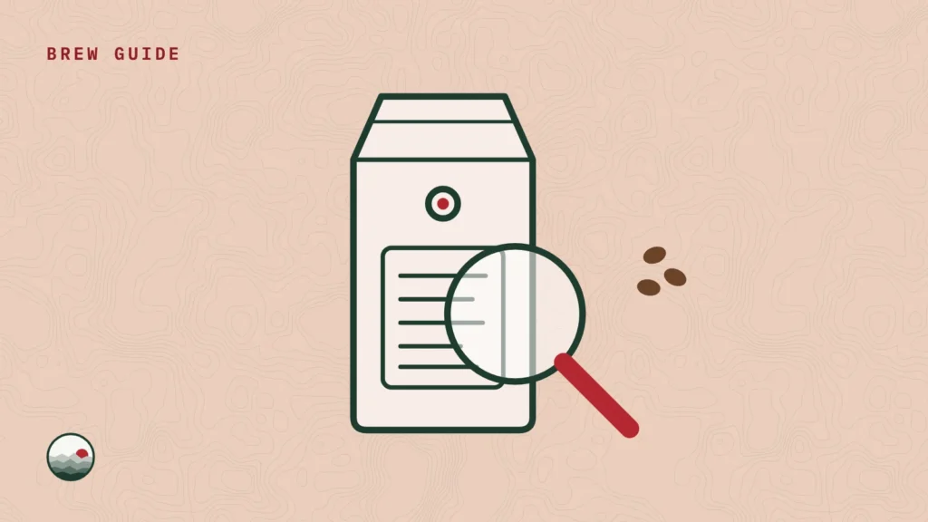 Illustration of a coffee bag with a magnifying glass over its label