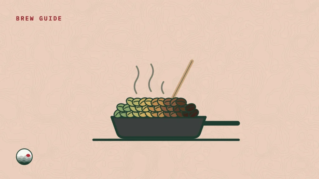 Illustration of a skillet of coffee beans turning from green to brown, with smoke rising and a wooden spoon