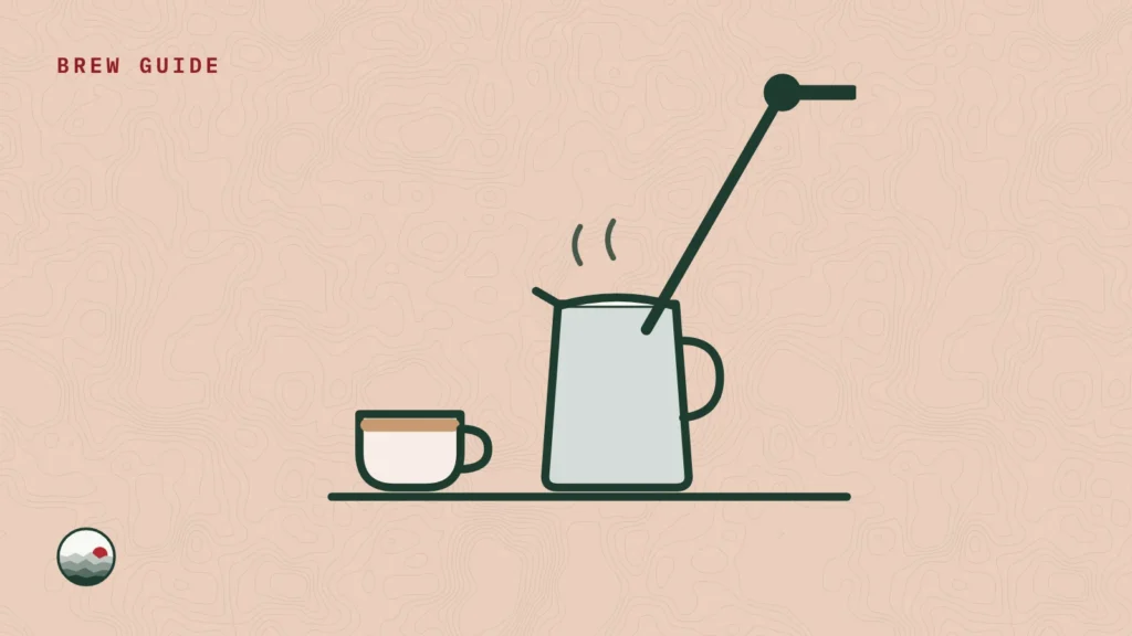 Illustration of an espresso machine steam wand in a milk pitcher, with steam rising, beside a cup of latte