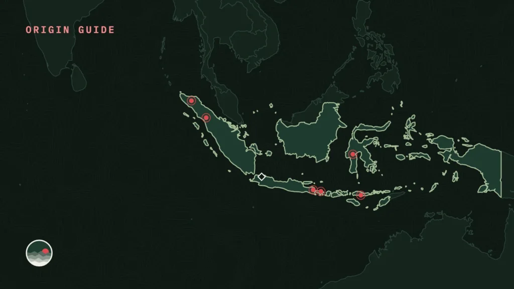 Map of Indonesia with its main coffee regions marked
