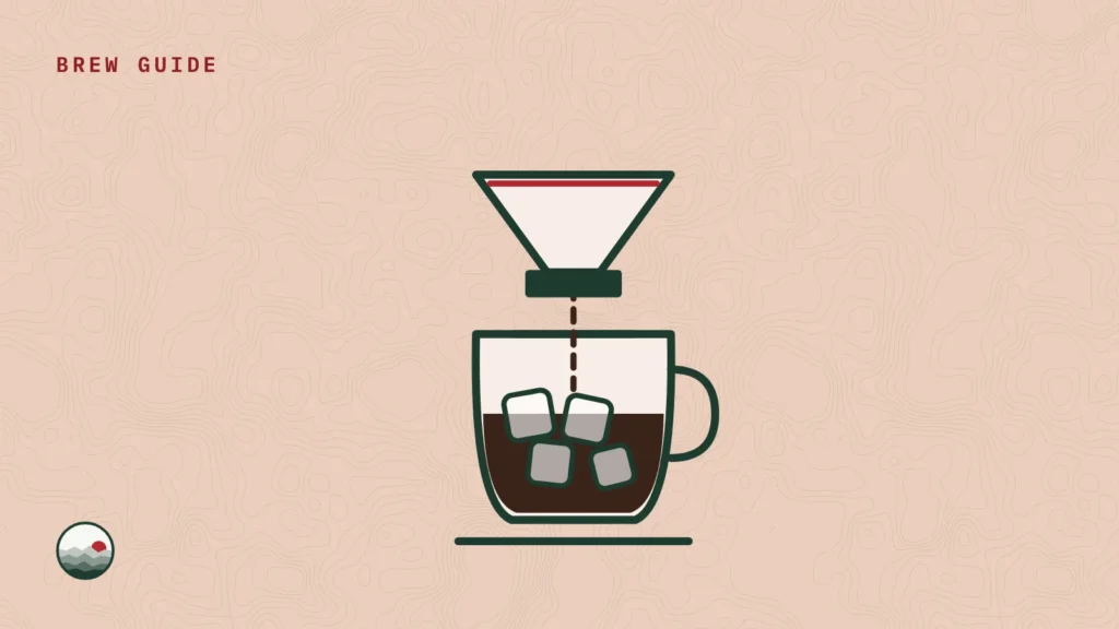 Illustration of a pour-over dripper brewing coffee into a glass carafe full of ice