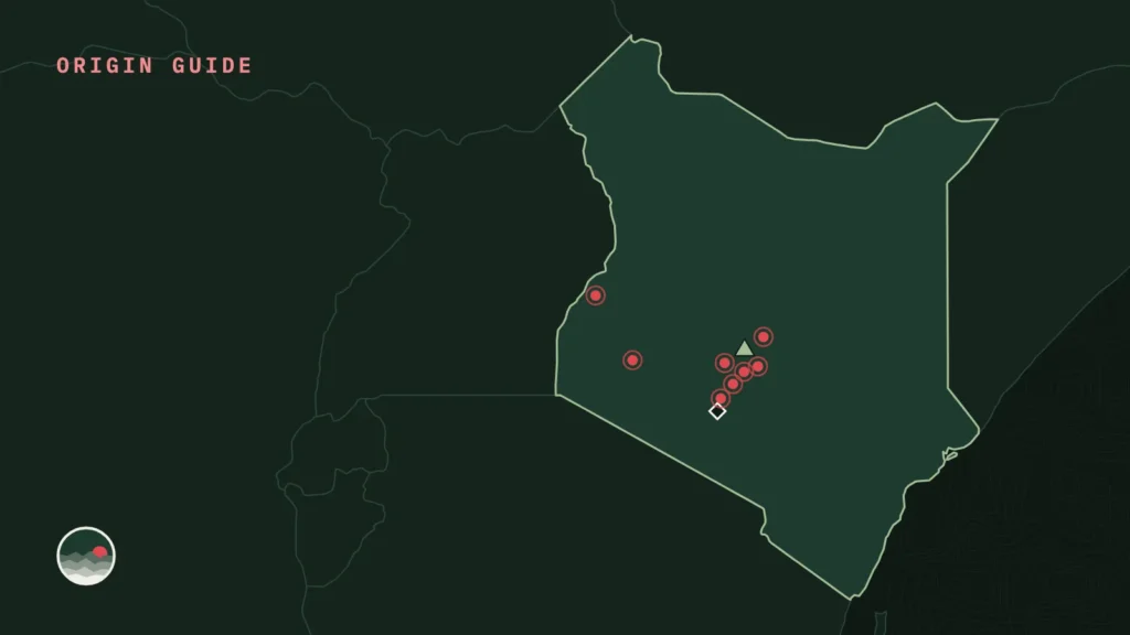 Map of Kenya with its main coffee regions marked