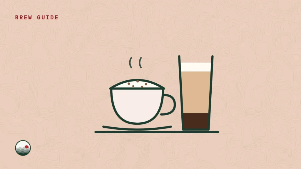 Illustration of a cappuccino cup with a dome of foam beside a tall layered latte glass