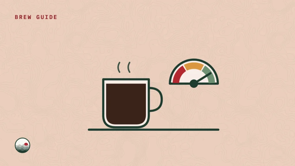 Illustration of a mug of coffee beside a dial pointing from bright toward mellow