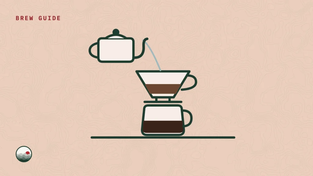 Illustration of a gooseneck kettle pouring into a cone dripper set on a glass server