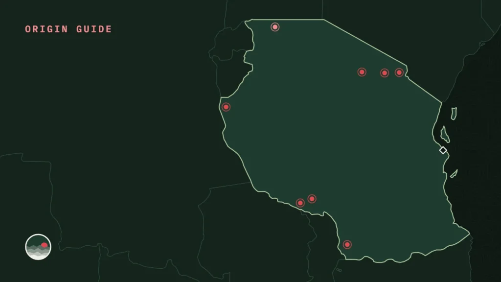 Map of Tanzania with its main coffee regions marked